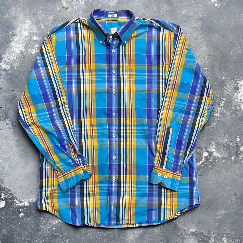 Peter Millar Weekender Finish Plaid Blue Cotton Button Down Shirt Men's Size XL